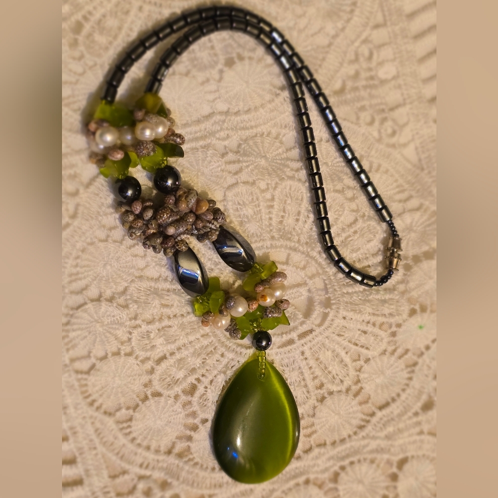 Elegant Gemstone & Shell Necklace Handcrafted Green Beaded Necklace
